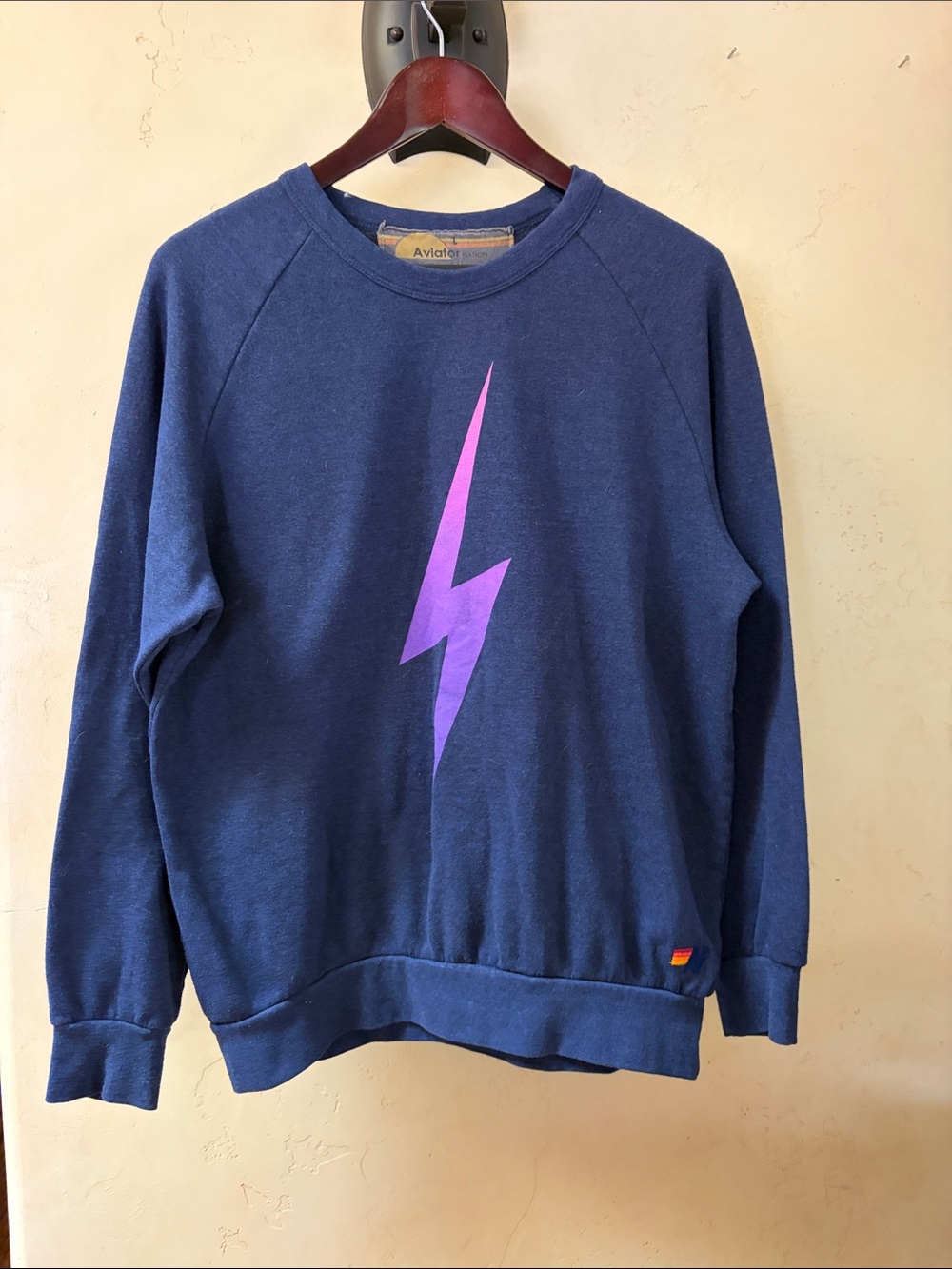 Sz L Aviator Nation Navy Crewneck with Pink/Purple Lightning Bolt